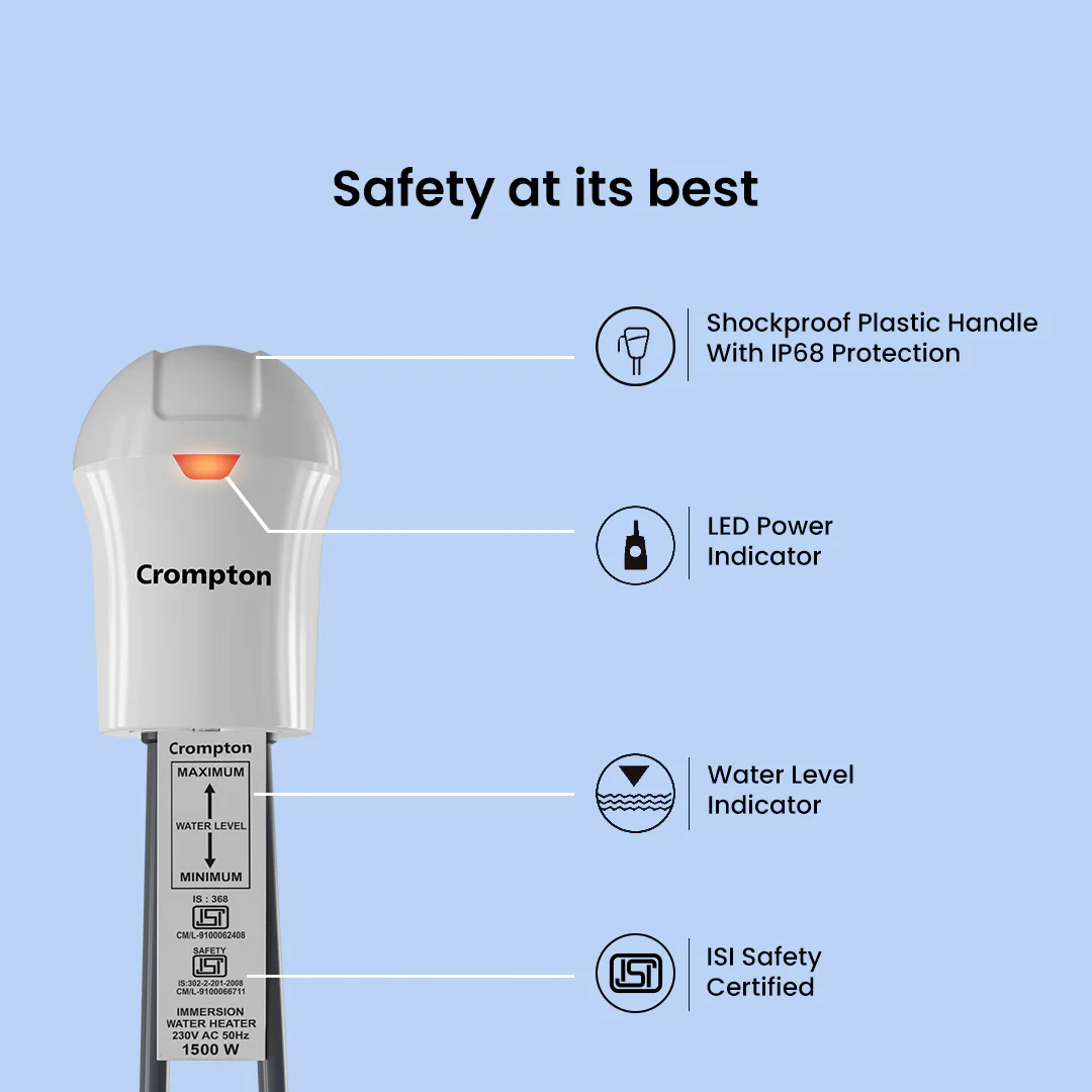 Crompton AIMR SPAS15A 1500 Watts Immersion Water Heater with Shock Proof Plastic Handle & Anti Scale Coating - Image 3