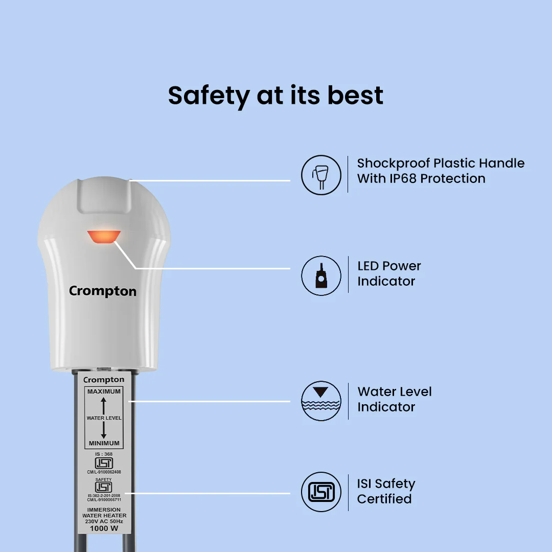 Crompton AIMR SPAS1A 1000 Watts Immersion Water Heater with Shock Proof Plastic Handle & Anti Scale Coating - Image 3