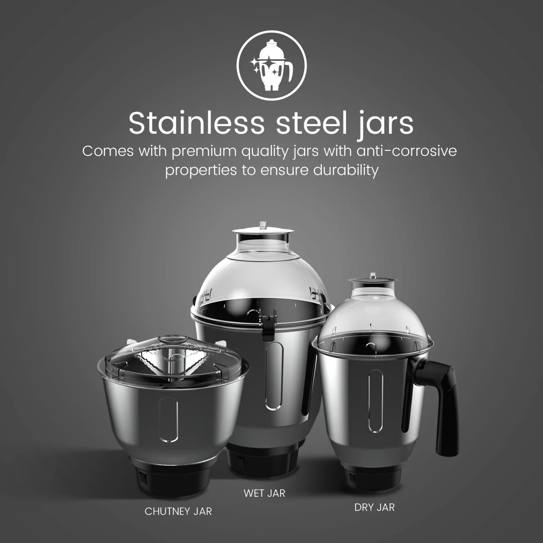Crompton Ameo 750-Watt, Mixer Grinder, 3 Stainless Steel Jars - Image 5